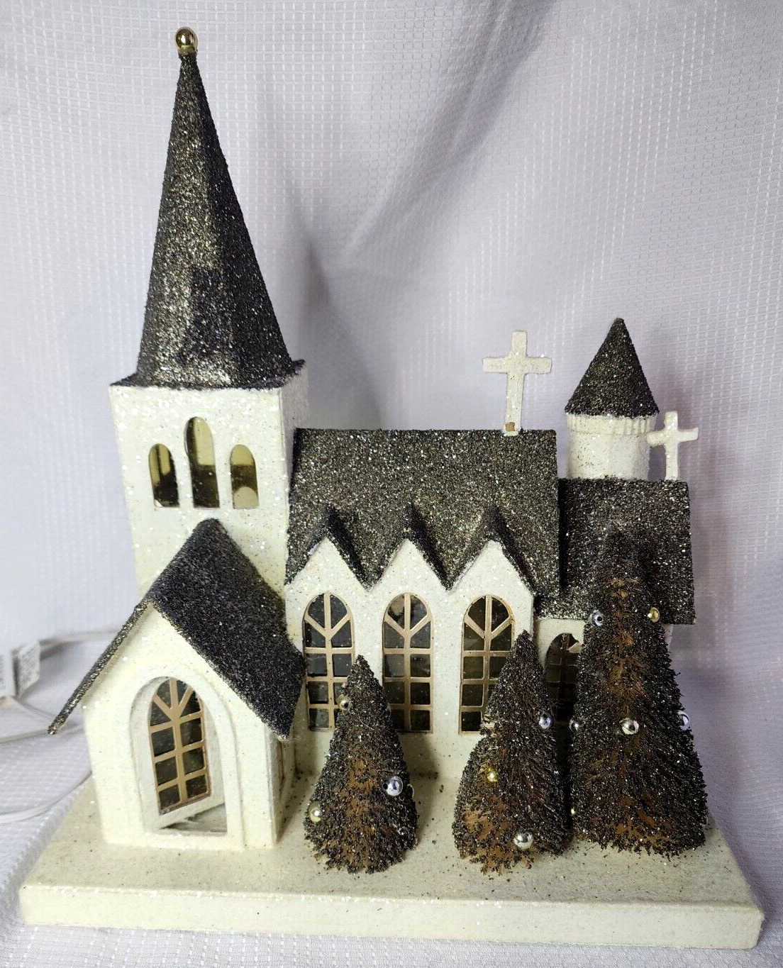 Large Christmas Cardboard Church With Trees And Lights H 14.5\