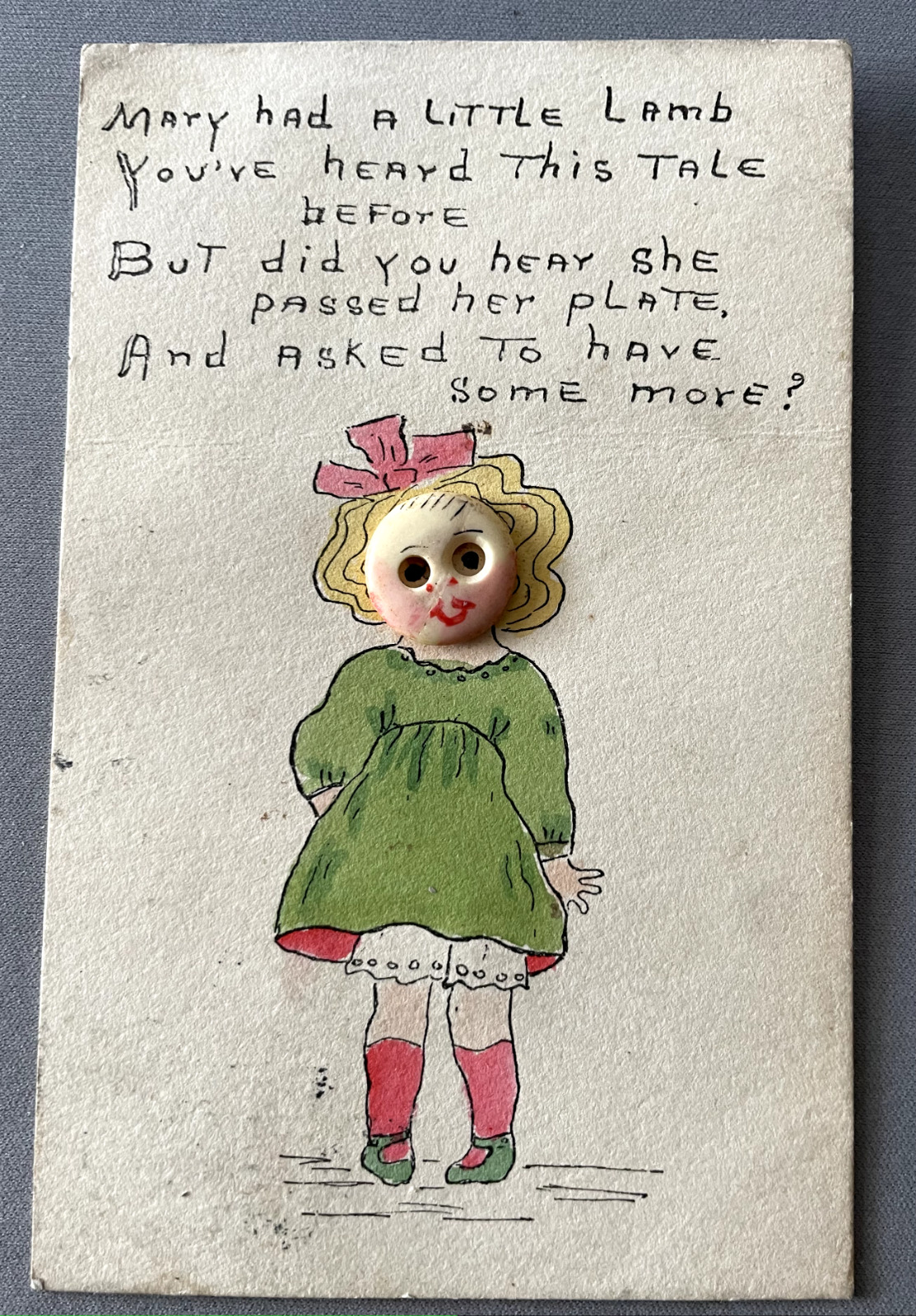 Hand Made & Colored Card of Nursery Rhyme with Button Face 1910 Vintage Postcard