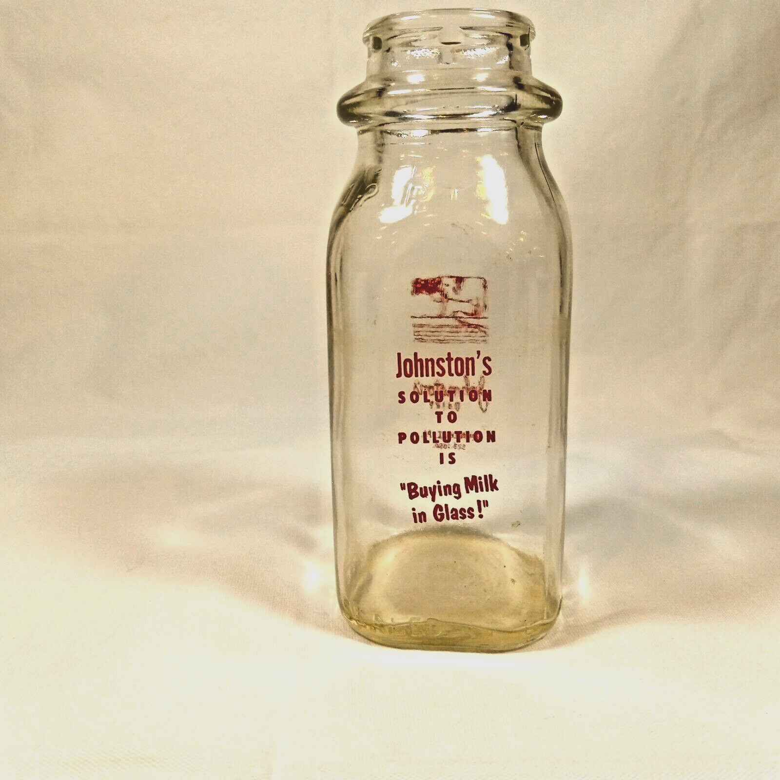 Vintage 1/2 Pint Milk Bottle Johnston\'s Dairy, Monroeville, PA W/ Slogan In Red