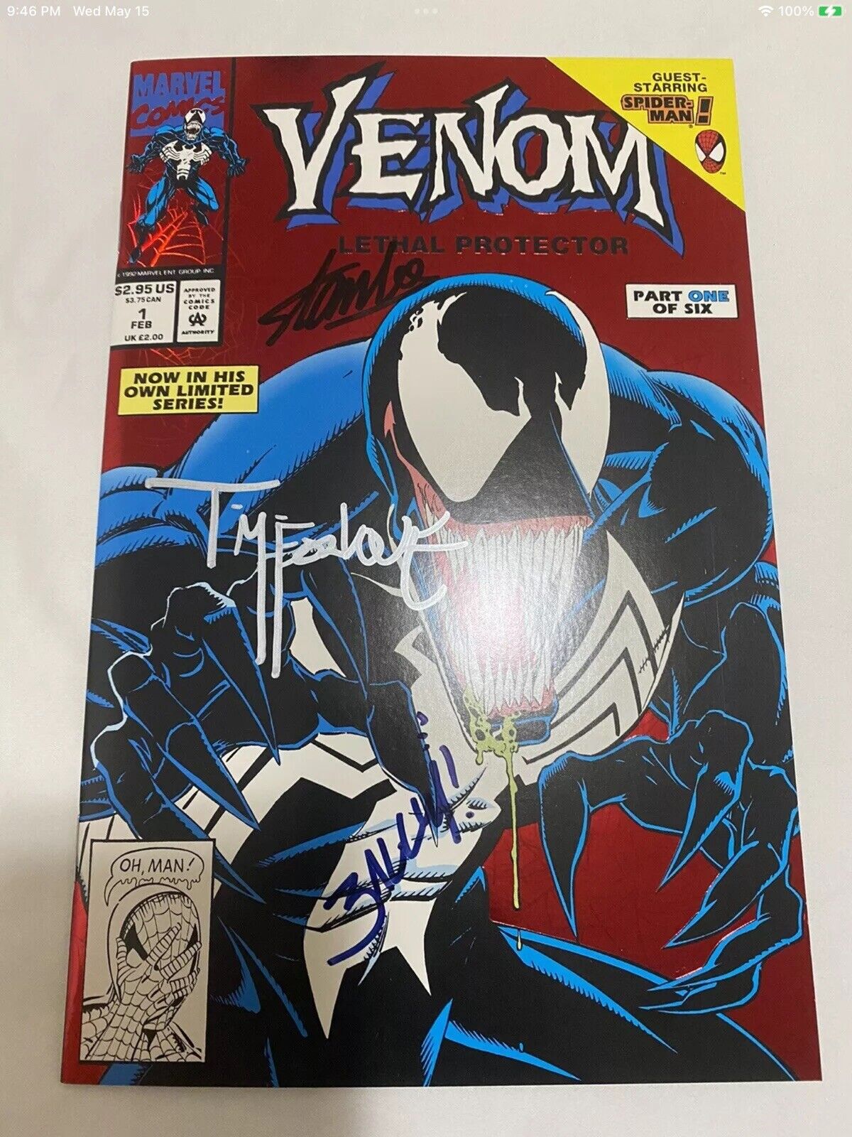 VENOM: LETHAL PROTECTOR 1 SIGNED 3X BY STAN LEE, TODD MCFARLANE, MARK BAGLEY NM+