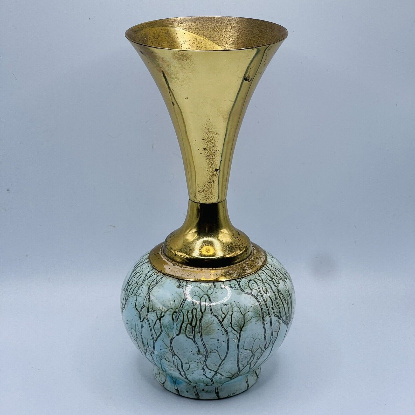 VTG Delft Holland 7” Turquoise Green  & Gold Marbled Ceramic Brass Vase
