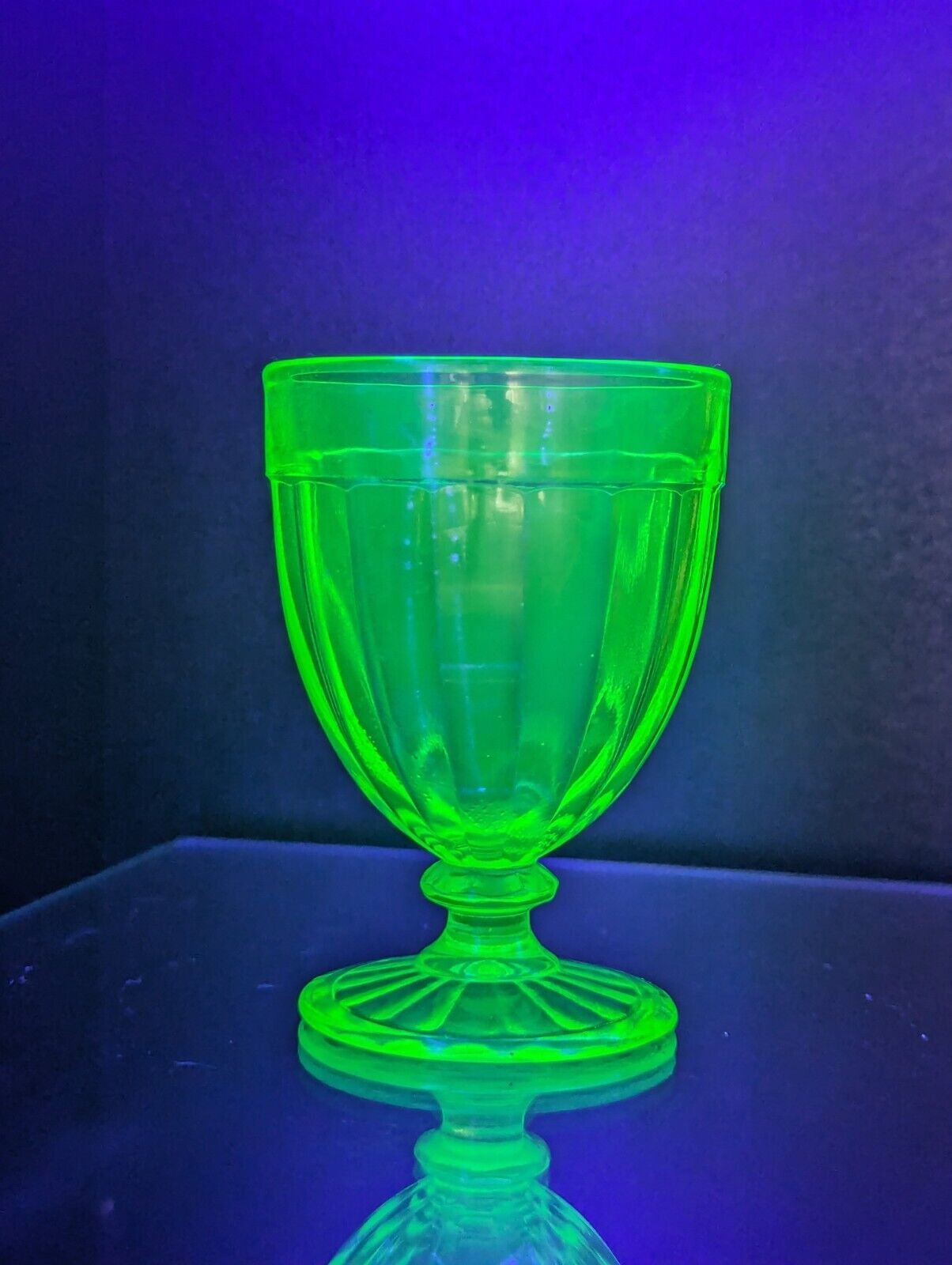 Anchor Hocking Pillar Optic Green Cordial Glass 3 1/8” Uranium Vaseline