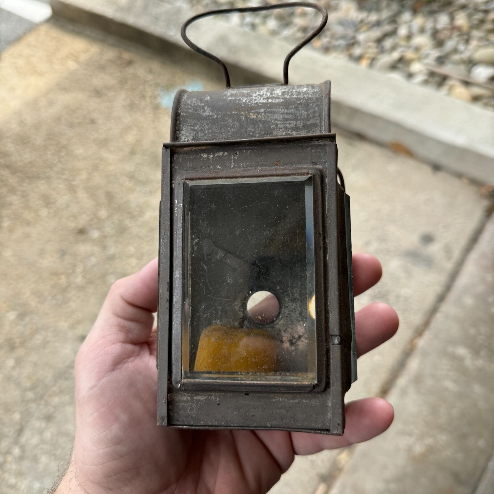 Vintage Tin & Glass Carbide Lantern / Miner's Handheld Lamp / Railroad Lamp
