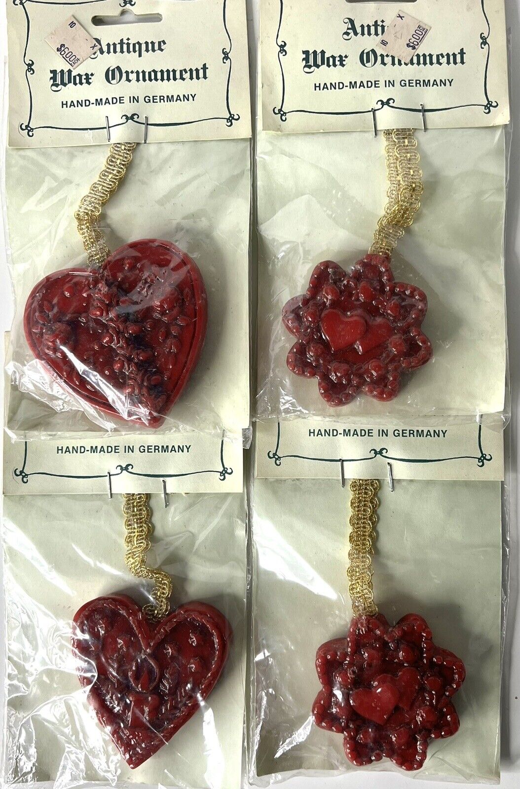 RARE Antique Victorian Wax Red Hearts Christmas Ornaments Germany  SEALED