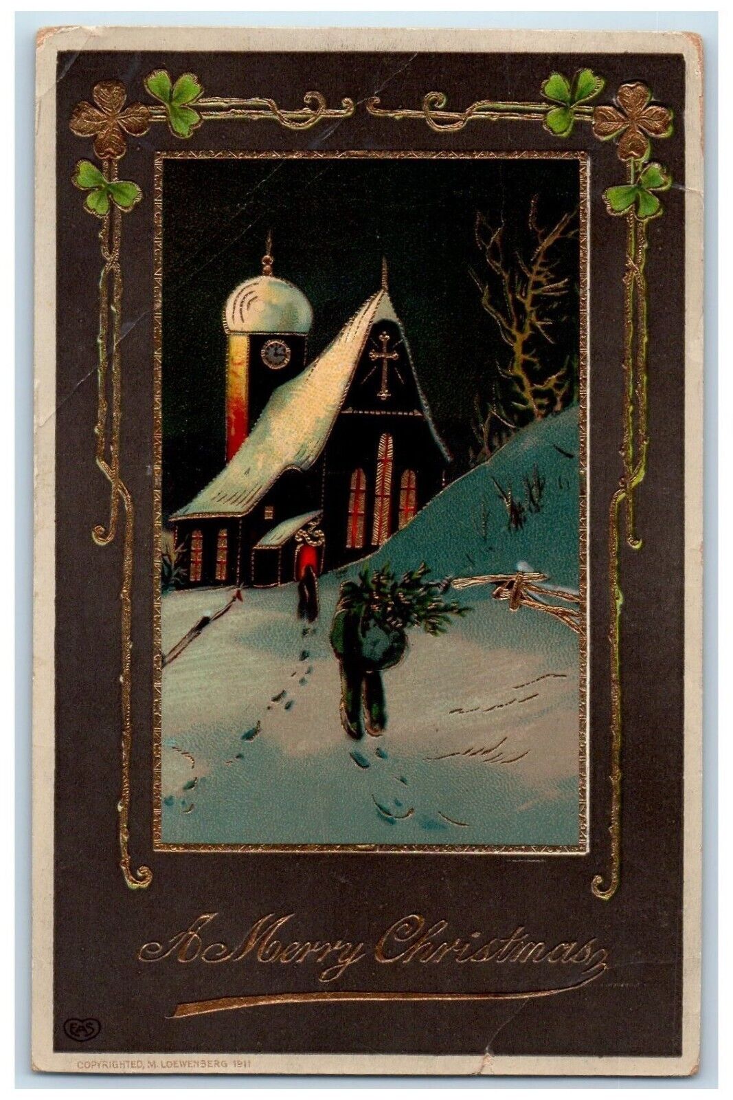 1911 Christmas Boy Carrying Pine Church Shamrock Gel Gold Gilt Antique Postcard