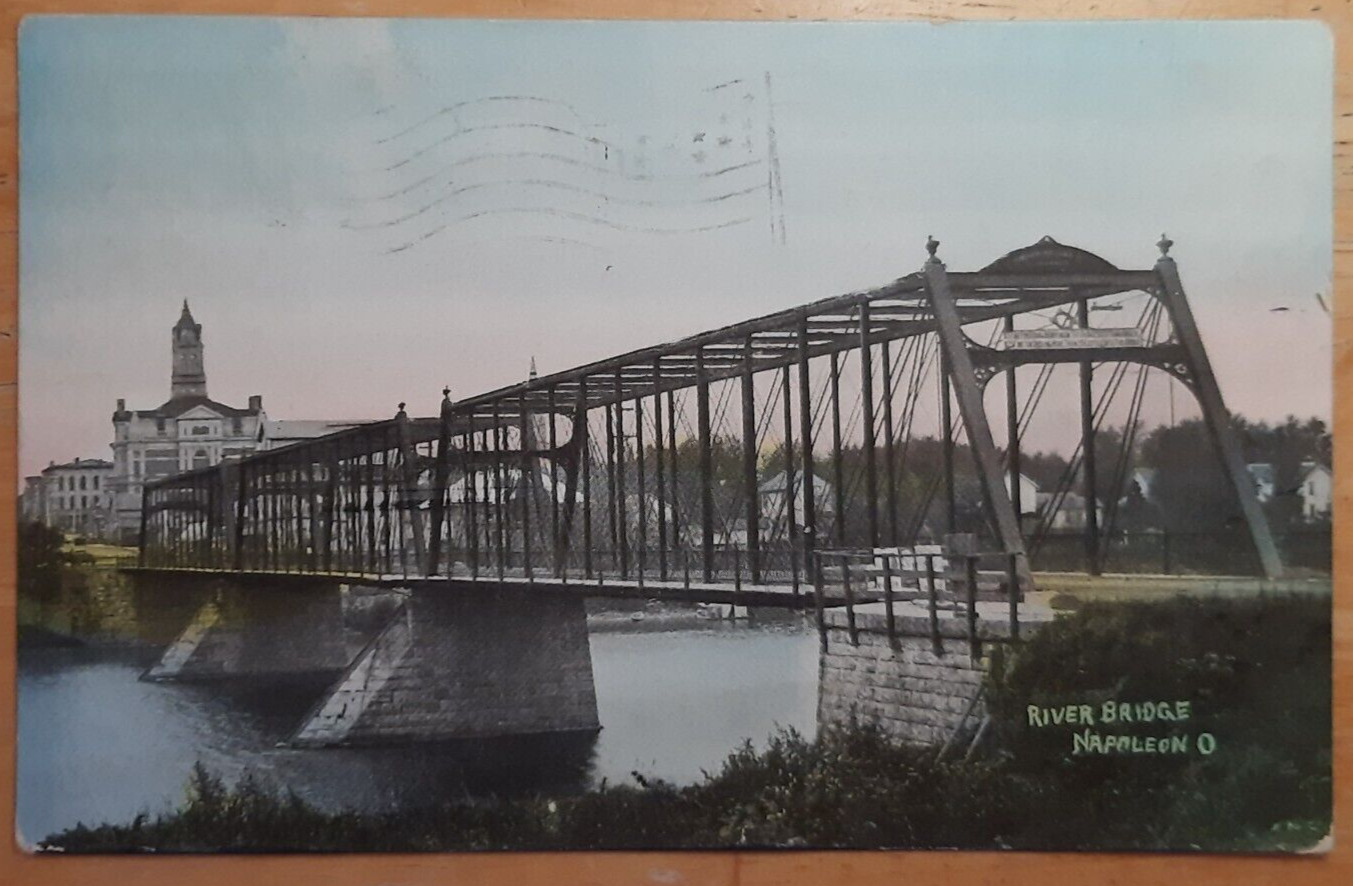 1909 Postcard Napoleon Ohio River Bridge View Street Posted