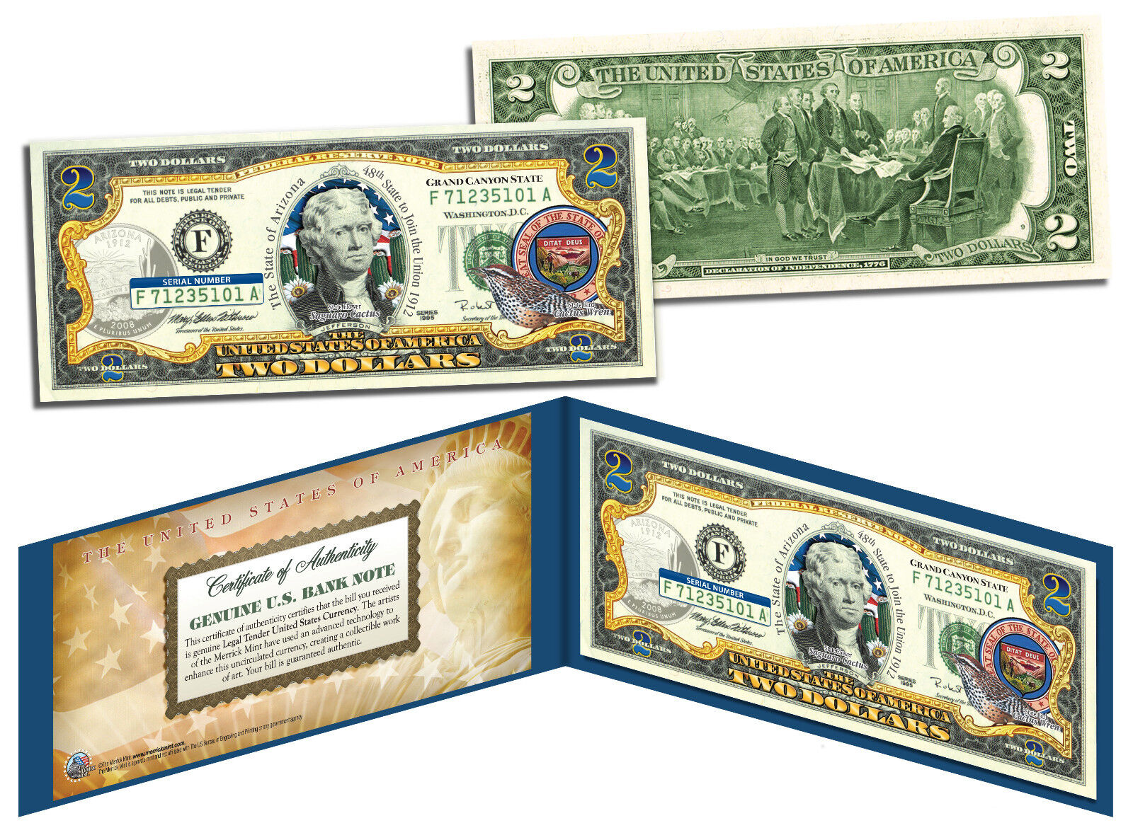 ARIZONA Statehood $2 Two-Dollar Colorized U.S. Bill AZ State *Legal Tender*