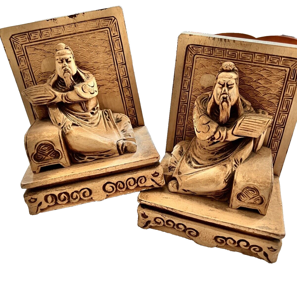 Vintage Hand Carved Buddhist Chinese Confucius Wood Bookends