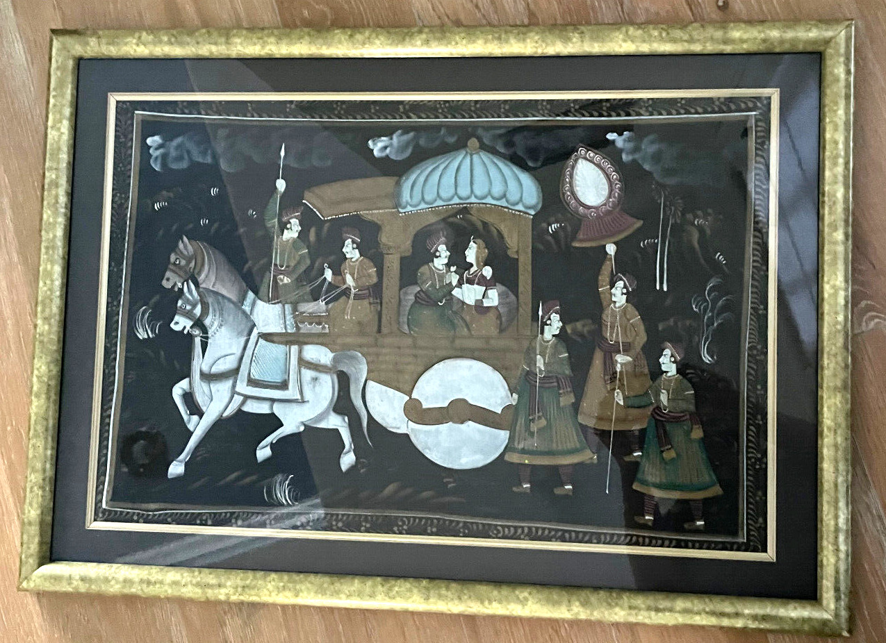 VTG LG Framed -Mughal Hand Painted Silk Art -Procession -Wedding -India 30x22
