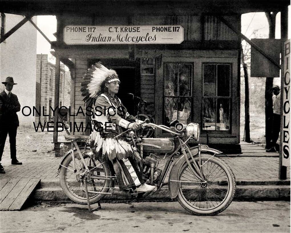 VINTAGE INDIAN MOTORCYCLE C.T. KRUSE DEALERSHIP 8X10 PHOTO CHIEF POSES ON CYCLE