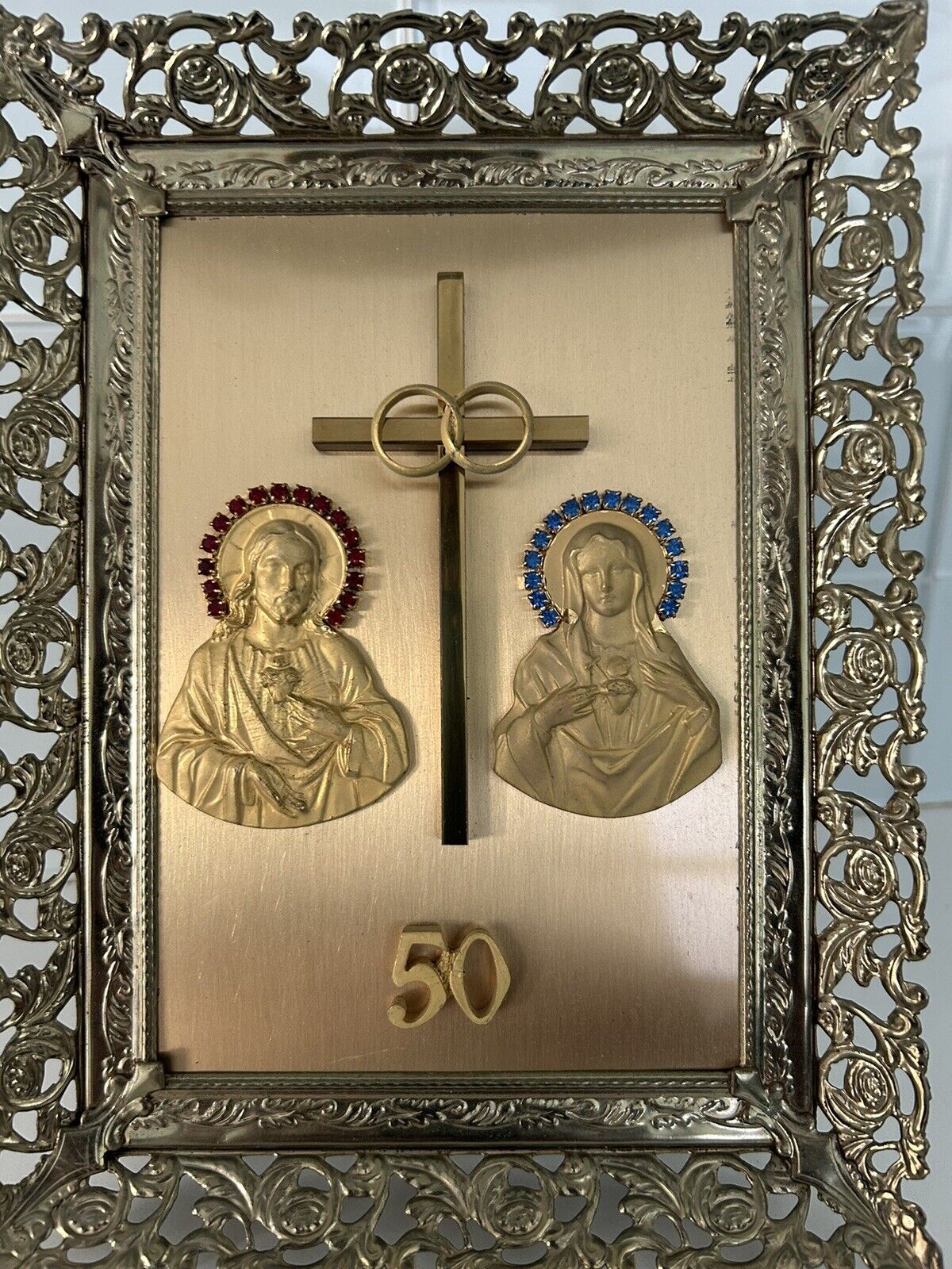 50th Wedding Anniversary, Unique RelegiousBrass frame with semi precious stones.