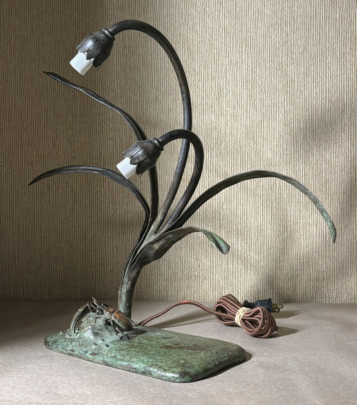 Antique Bronze 2 Lily Shade Electric Lamp Base Beetle tiffany handel era