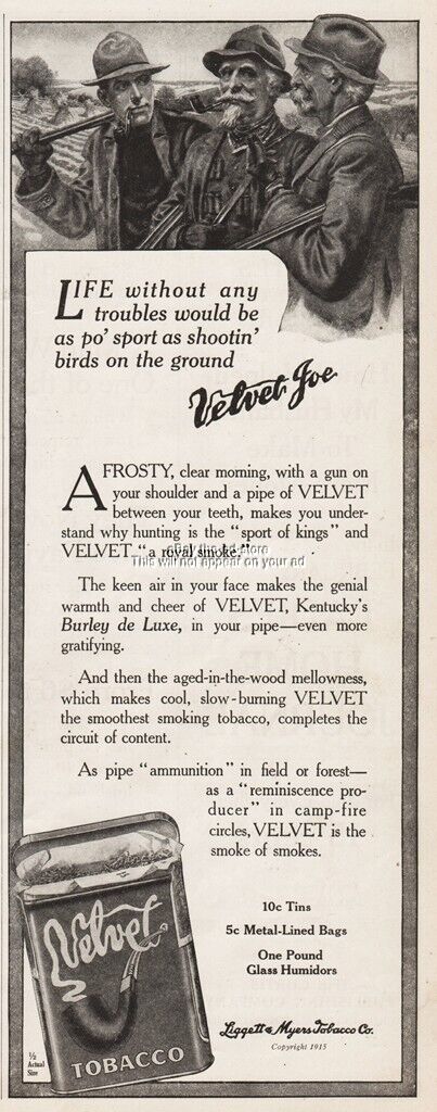 1915 Velvet Joe Pipe Tobacco Liggett & Myers TIn Hunting Burley de Luxe Art Ad