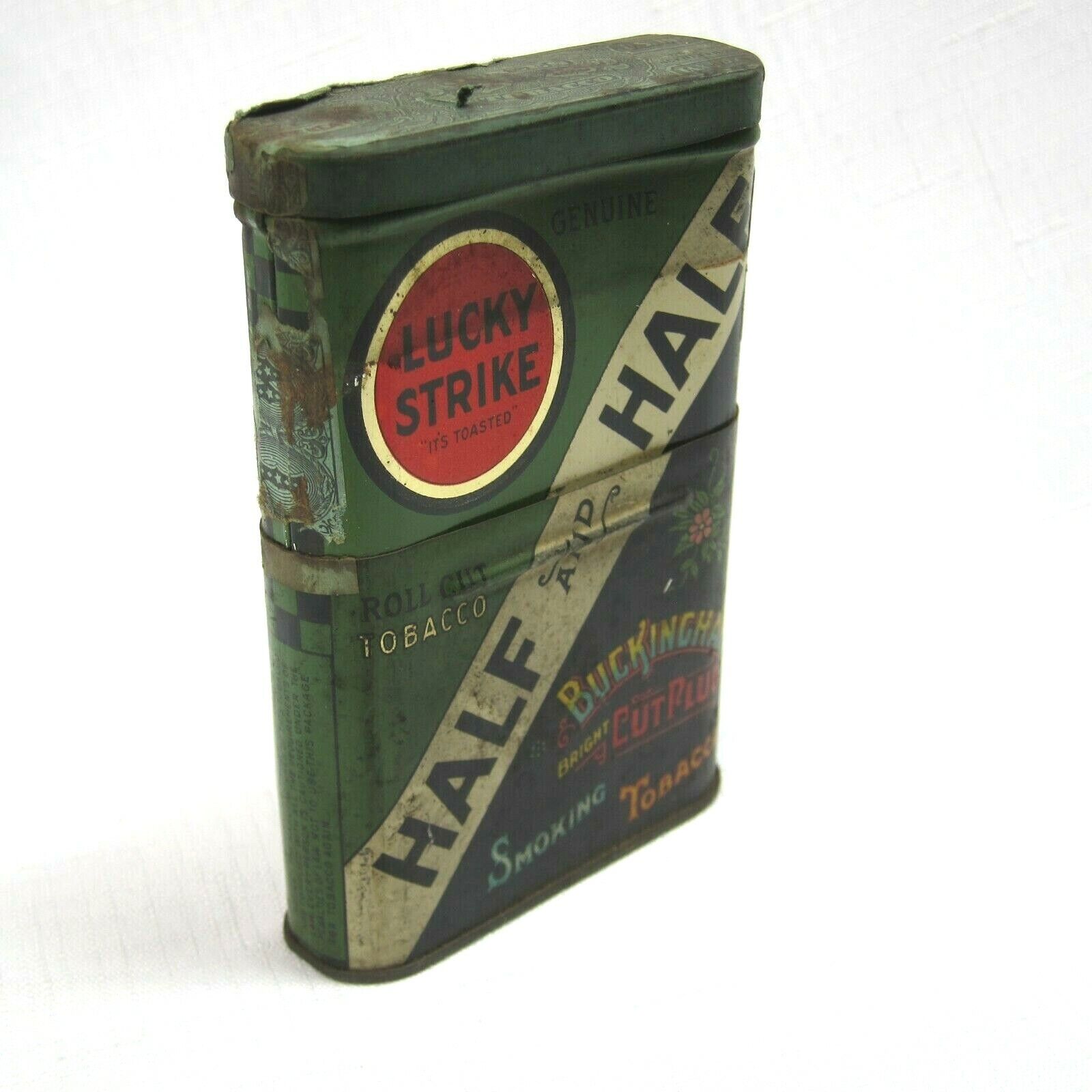 Vintage 1930s Lucky Strike Half And Half Tobacco Tin Telescoping Vertical Pocket
