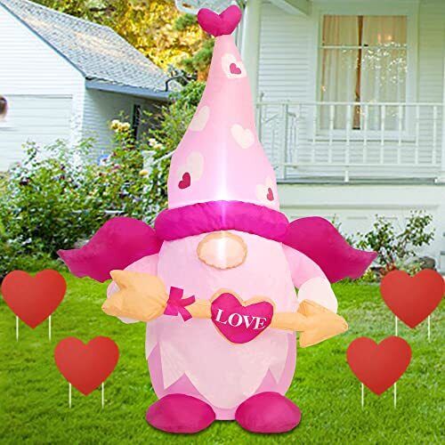 Juegoal Valentine Inflatable Cupid Gnome, Lighted Blow Up Pink Swedish Gnomes 