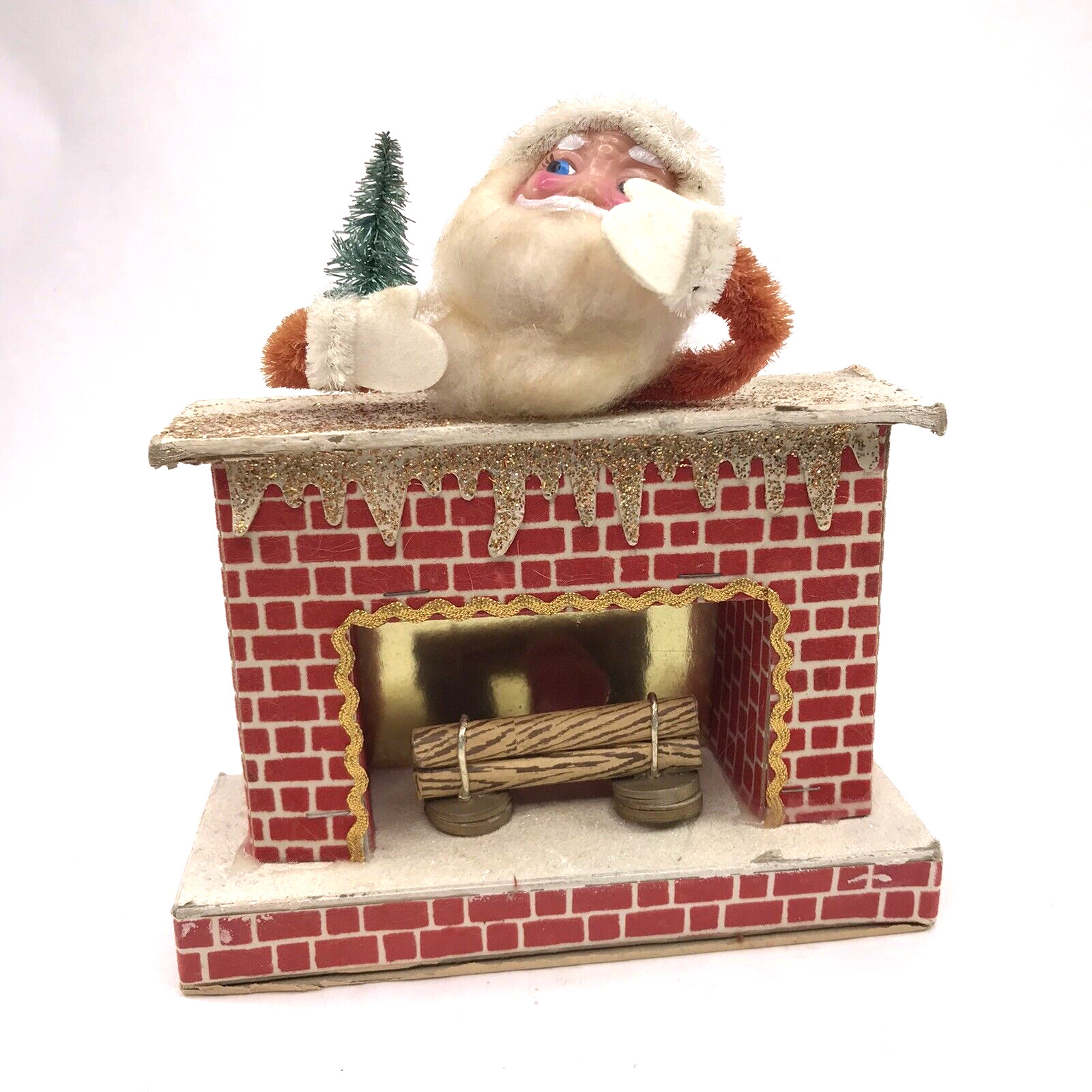 Vintage Santa Chimney Cardboard Putz Fireplace Christmas Flocked Glitter Japan