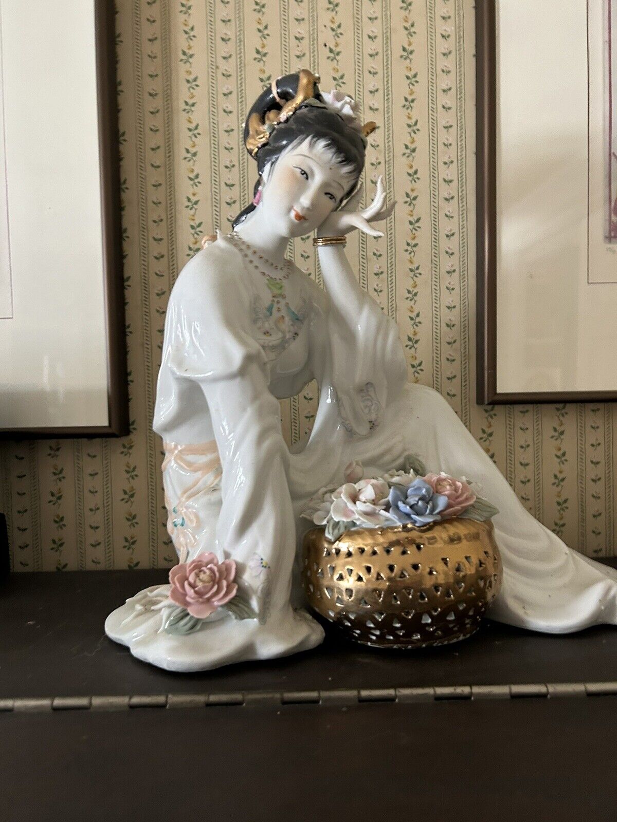 Stunning white porcelain Asian geisha girl figurine hp gold basket o flowers 13\