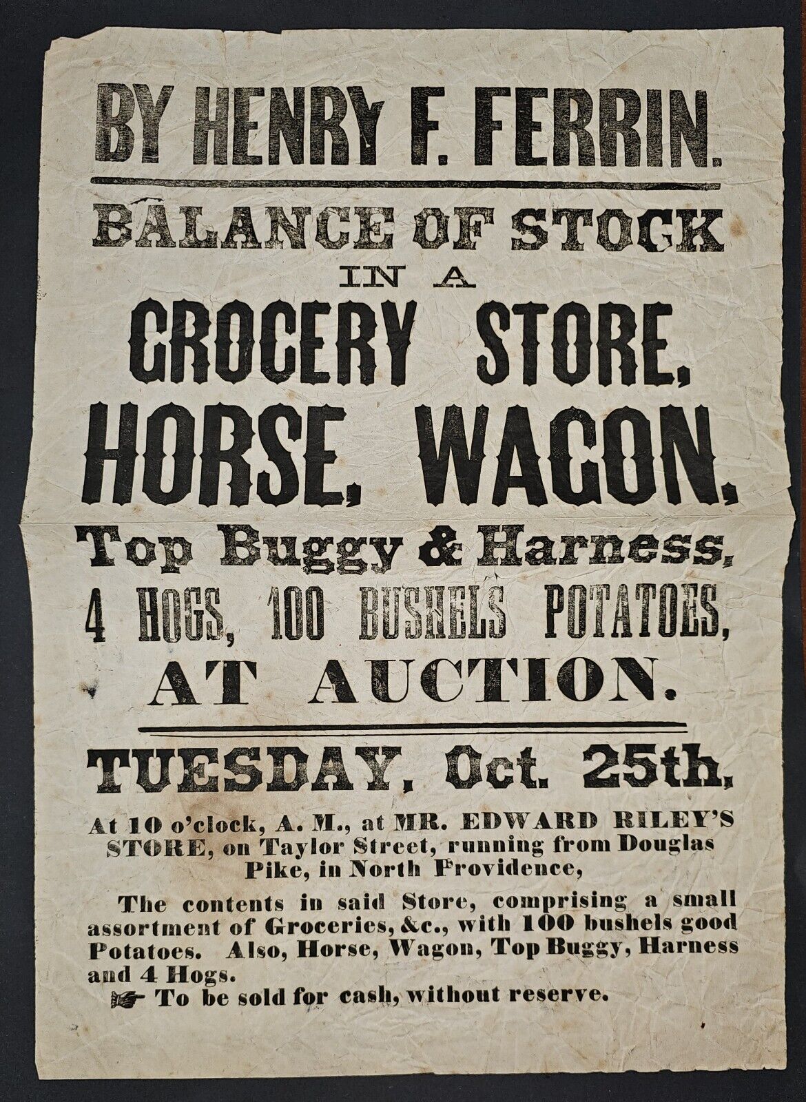 Rare Antique American North Providence Rhode Island Auction Of Riley\'s Grocery