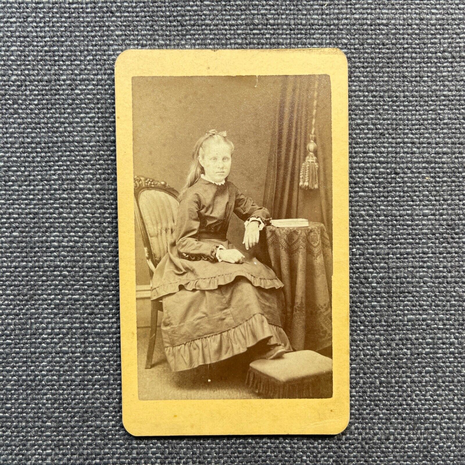 CDV Photo Antique Portrait of a Girl Sitting in Chair Foot on Footstool Ohio