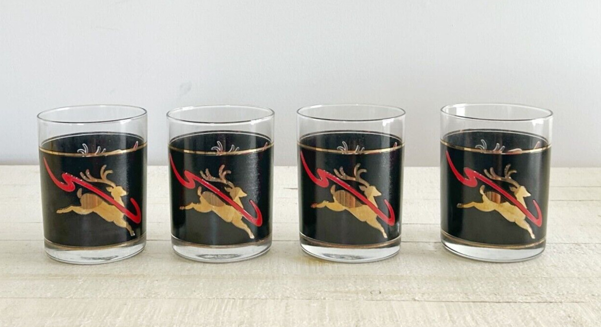Vintage CULVER Christmas Glasses, Dasher Hand Silk Screened Reindeer Set of Four