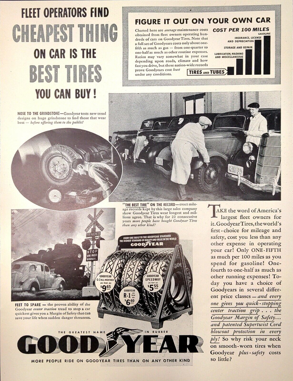 1937 Goodyear Tires Traction Mileage Men Inspecting Tire Tubes Vintage Print Ad