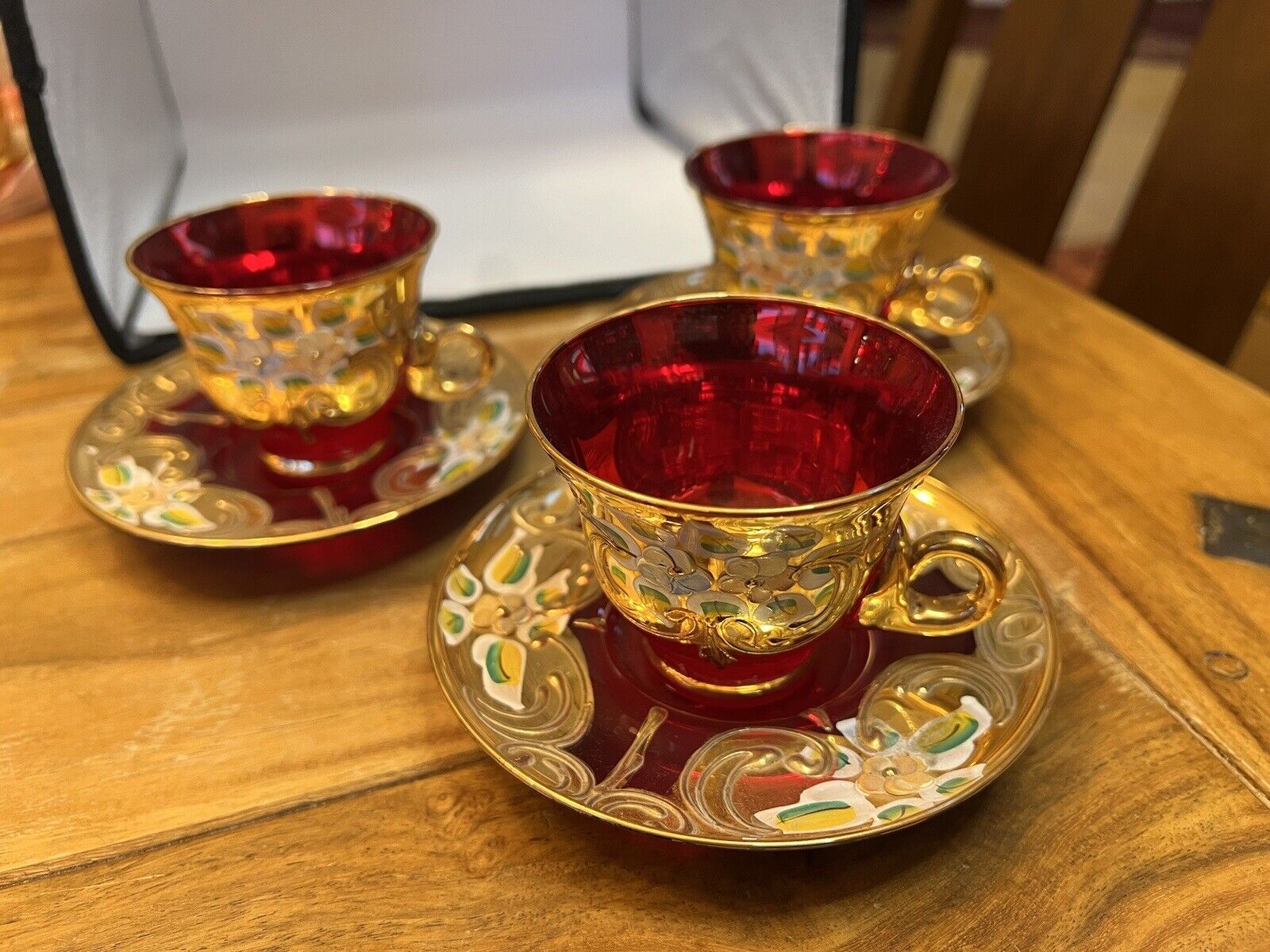 3 Antique Murano Glass Ruby Red Hand Painted Small Cup And Saucer Sets Beautiful