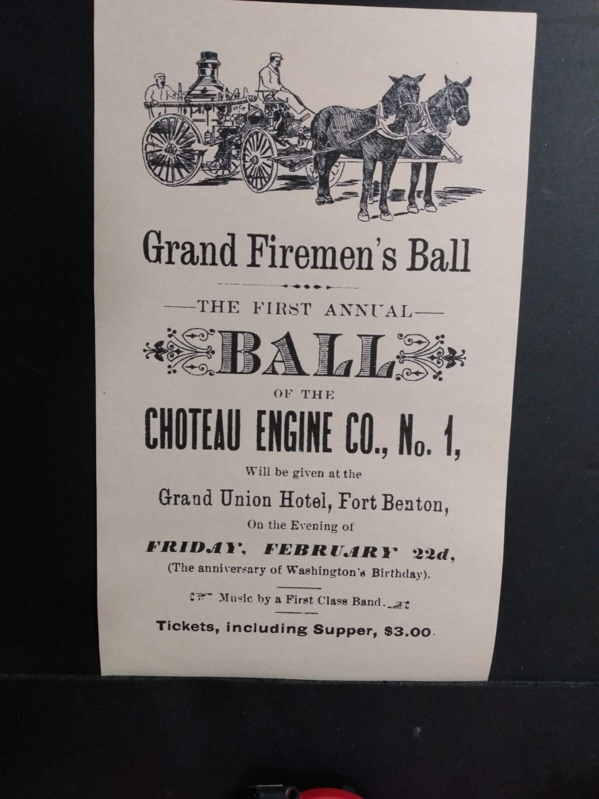 FORT BENTON MONTANA TERRITORY ADVERTISING 1880s Fire Engine Firemen\'s Ball 