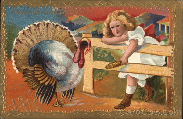 Children 1913 Young Girl Feeds a Turkey Antique Postcard 1c stamp Vintage