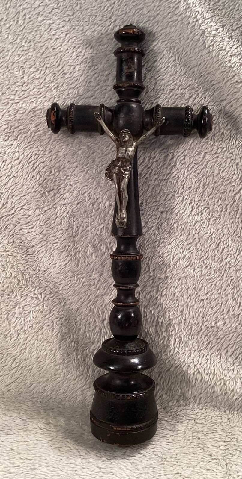 Antique Black Wood And Spelter Standing Crucifix Cross Jesus