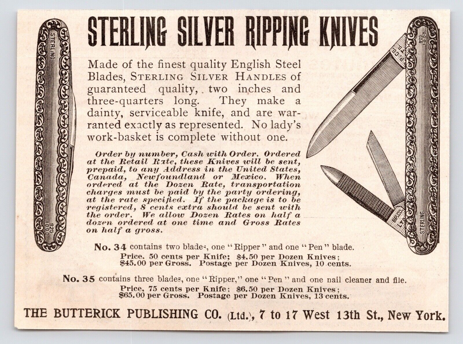 c1880s Sterling Silver Ripping Knives Butterlick Publishing Art Antique Print Ad