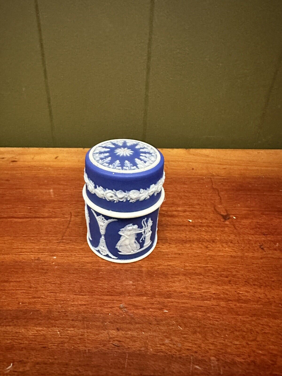 Antique 19th c. Wedgwood Dark Blue Jasperware Jar Covered Pot Needle Case