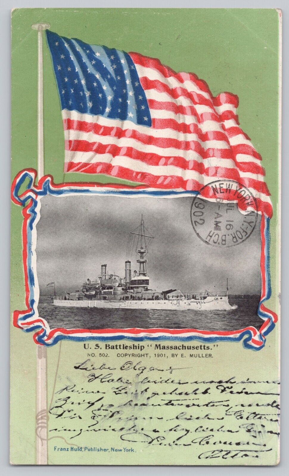 USS Battleship Massachusetts Postcard Postmarked Hamburg, Germany 1902