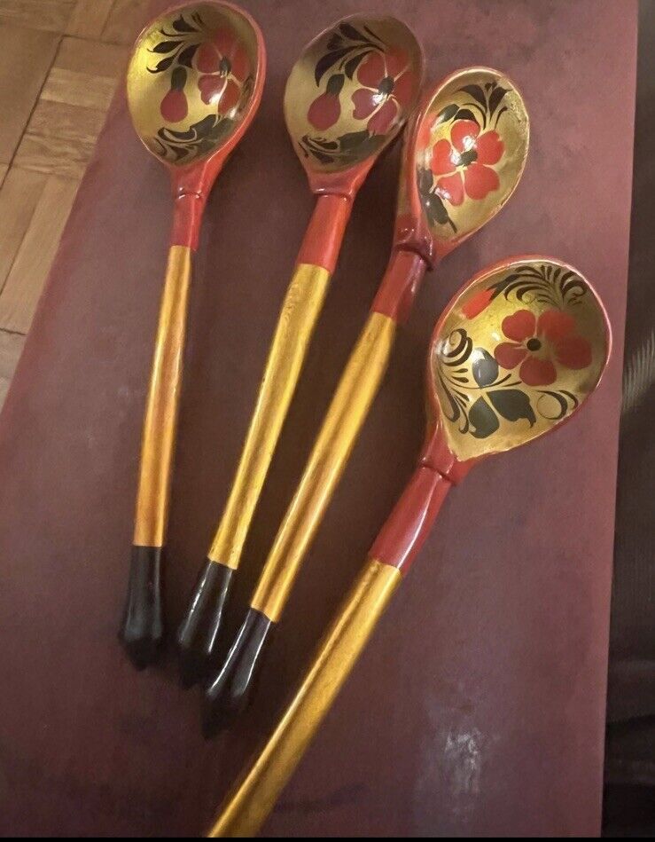 Set of 4 Vintage Khokhloma Wooden Spoons Hand Painted Russian Lacquer