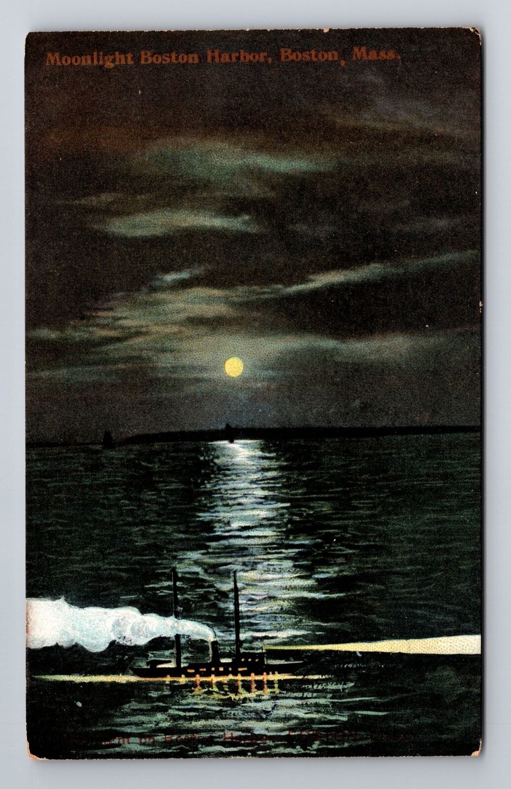 Boston MA-Massachusetts, Moonlight Boston Harbor, Antique Vintage Postcard