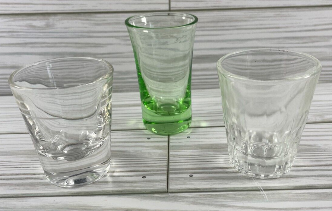 Lot of 3 Shot Glasses Retro Clear & Green Colors Vintage