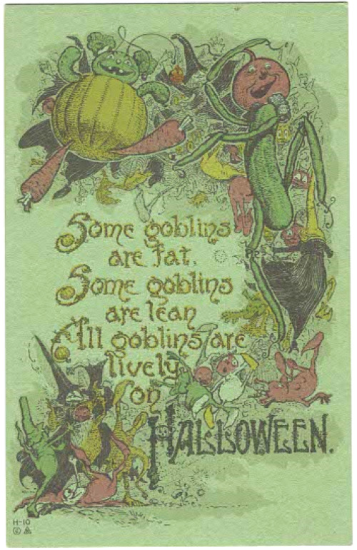 VINTAGE HALLOWEEN POSTCARD - WITCHES AND GOBLINS RARE GREEN VERSION