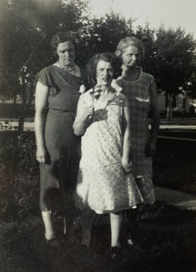 Three Women Standing One Holding Flower B&W Photograph 2.75 x 4.5