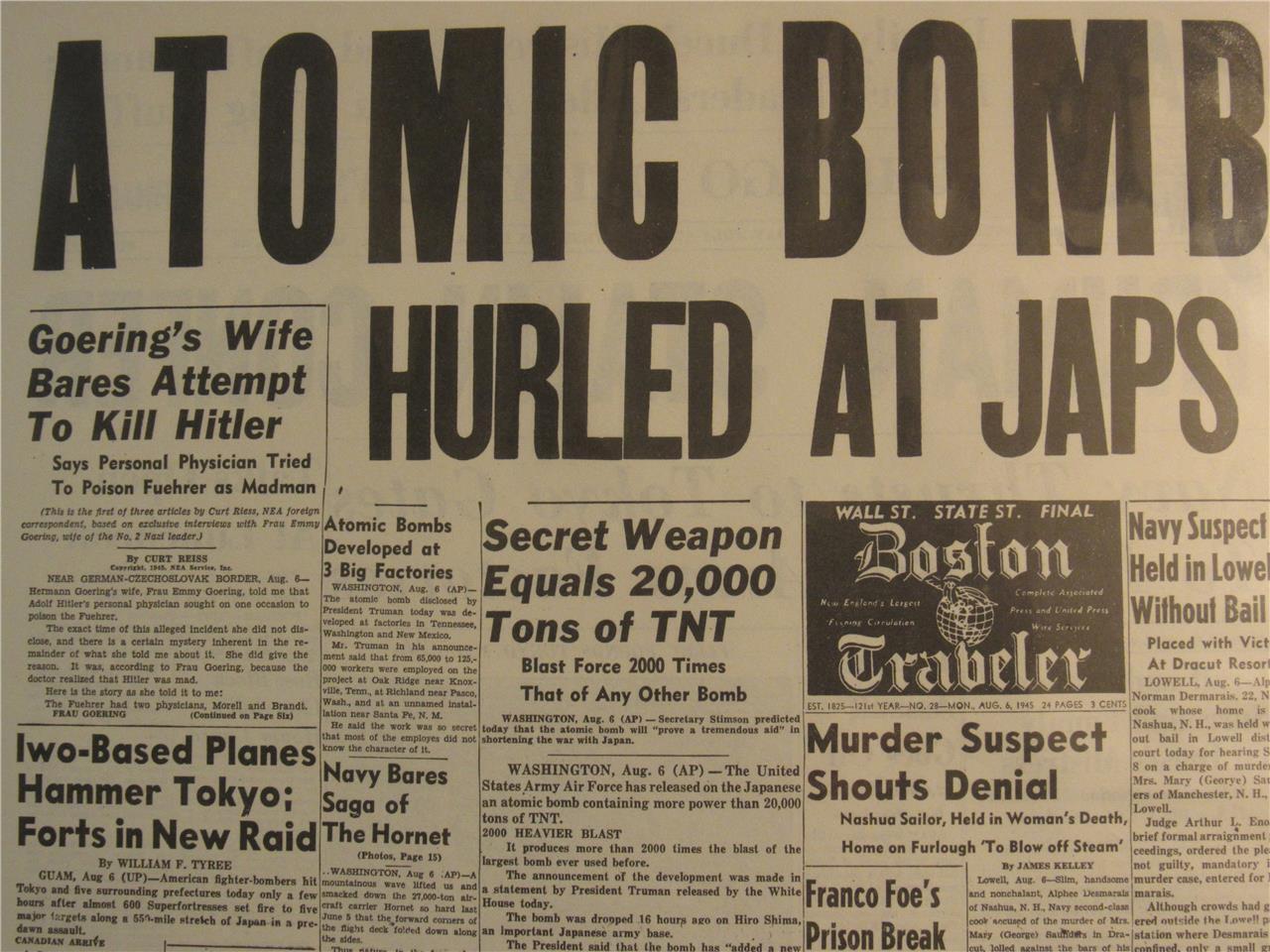 VINTAGE NEWSPAPER HEADLINE~ WORLD WAR 2 US DROPS ATOMIC BOMB ON JAPAN WWII  1945
