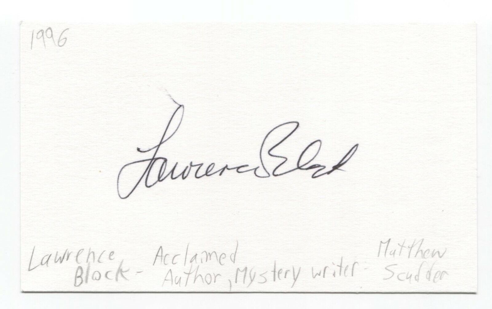 Lawrence Block Signed 3x5 Index Card Autographed Signature Author Writer