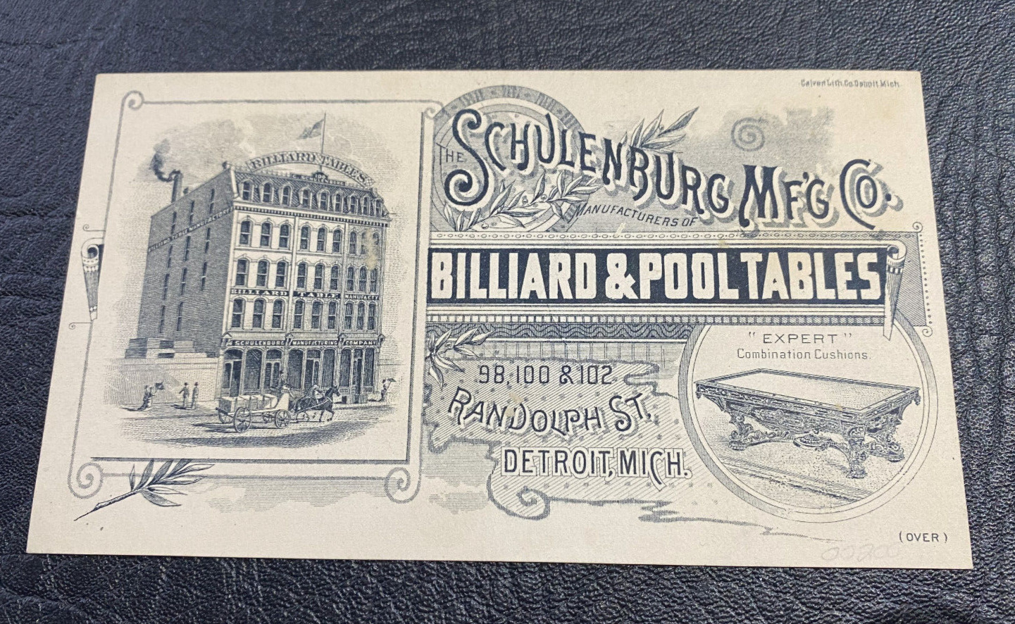 Extremely Rare 1880s Schulenburg Mfg Billard & Pool Tables Trade Card,Detroit,MI