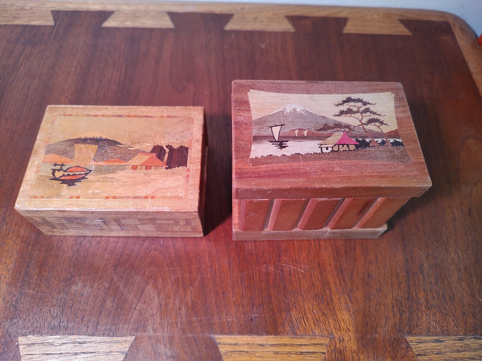 2 Vintage Japanese Inlaid Wooden Puzzle Box Mt. Fuji Scene Japan ~ Boxes Work