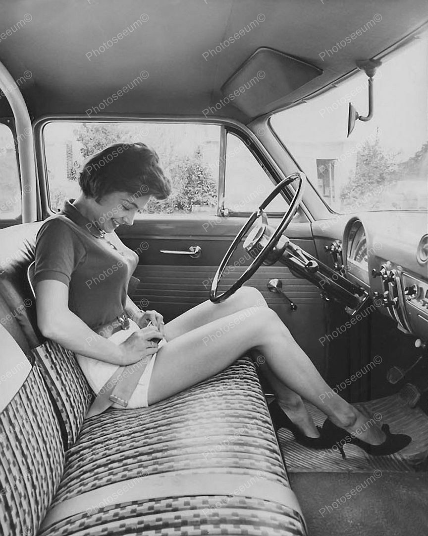 Legy Girl Putting On Seat Belt On Old Style Bench Seat 8x10 Photography Reprint