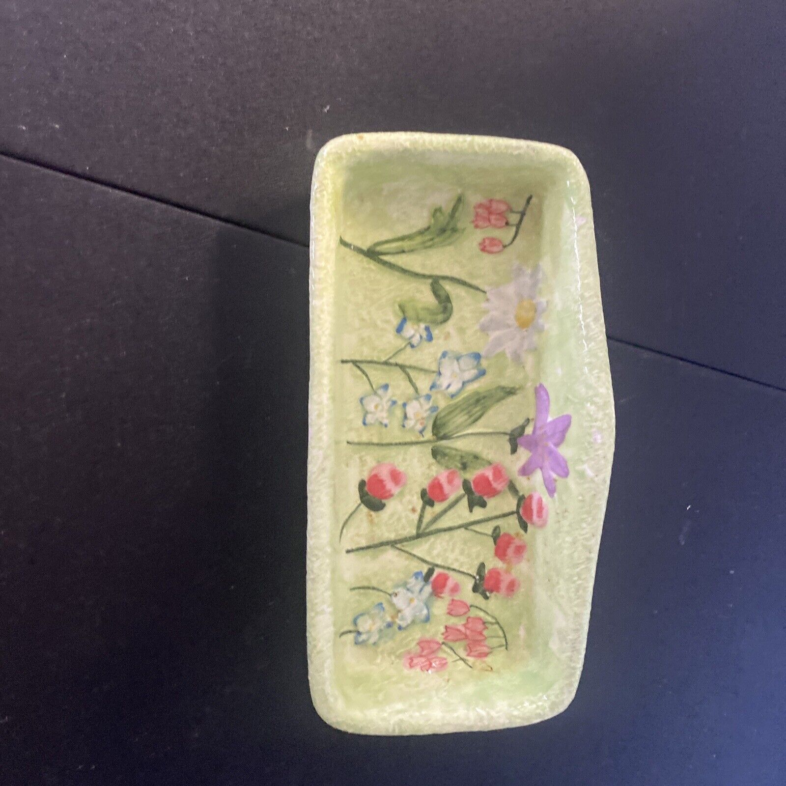 Vintage Porcelain Ceramic Green Vanity Dish Tray Hand Painted  Flowers