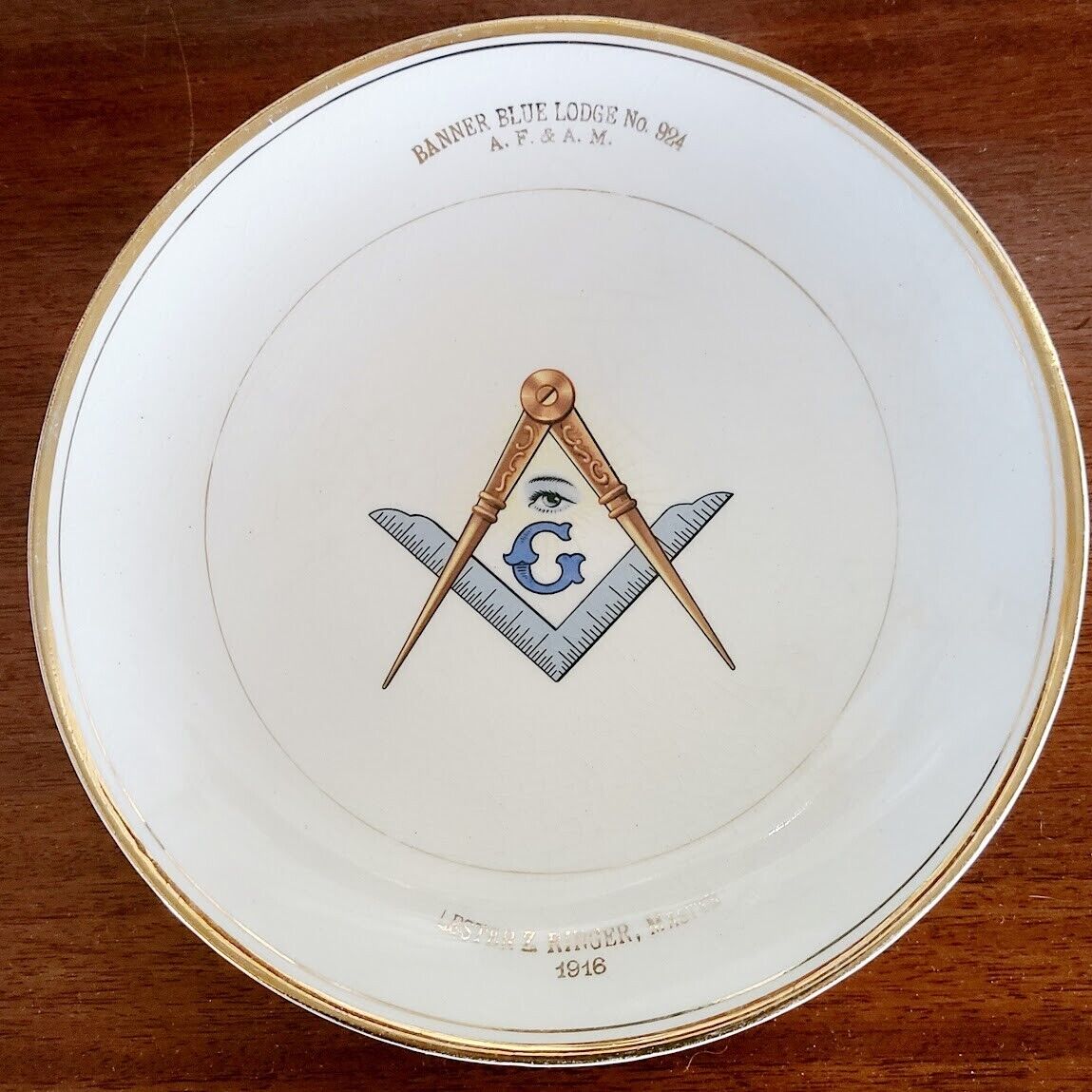 Antique Masonic Banner Blue Lodge No 924 A.F.&A.M. Plate  - Ringer, Master 1916