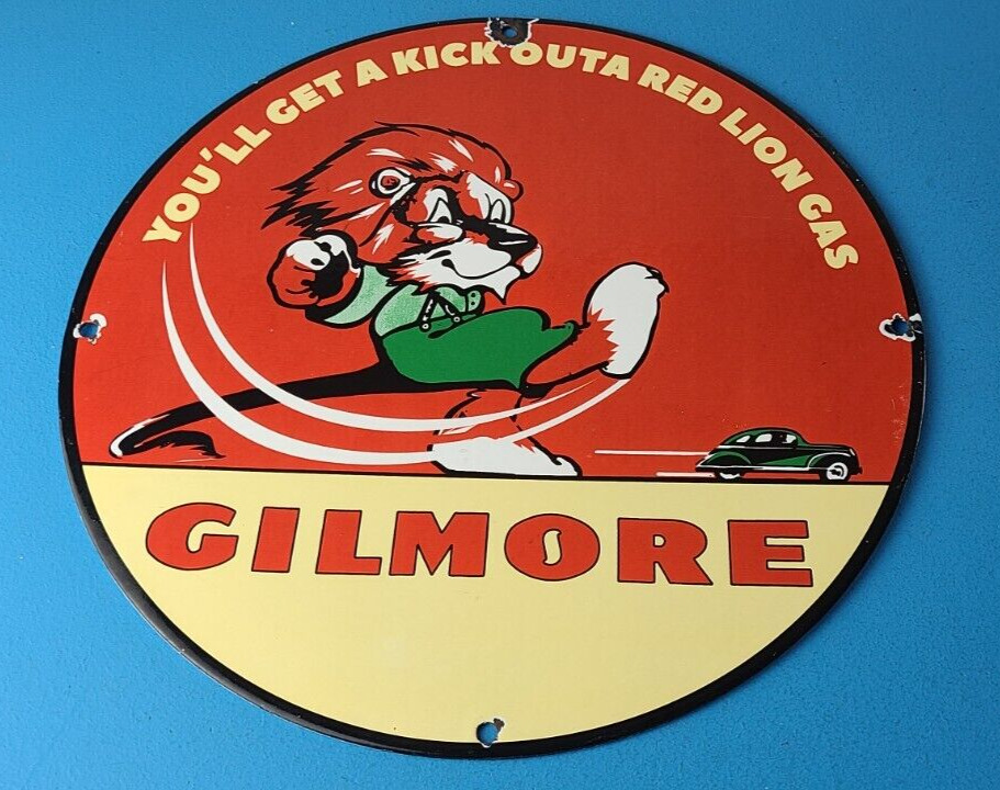 Gas Pump Sign - Vintage Porcelain Gilmore Gasoline Red Lion Service Station Sign