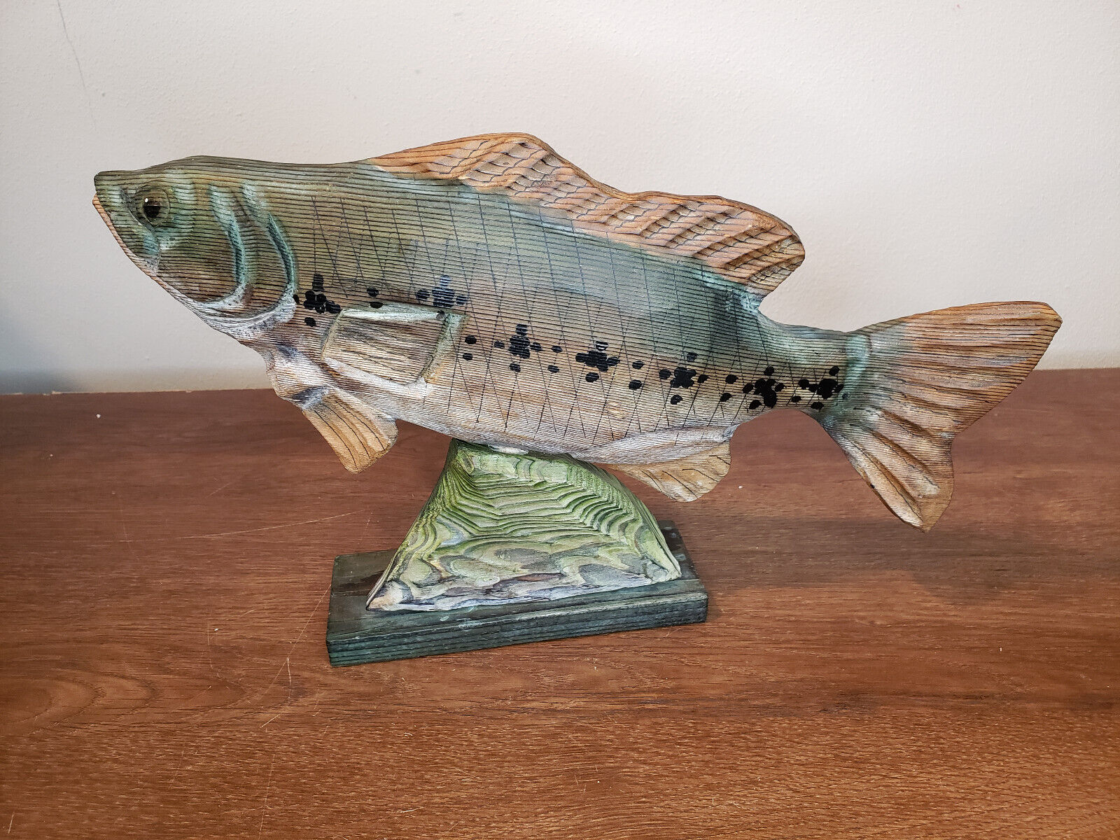 14” Wood Hand Carved Fish Figurine on Stand Rustic Decor