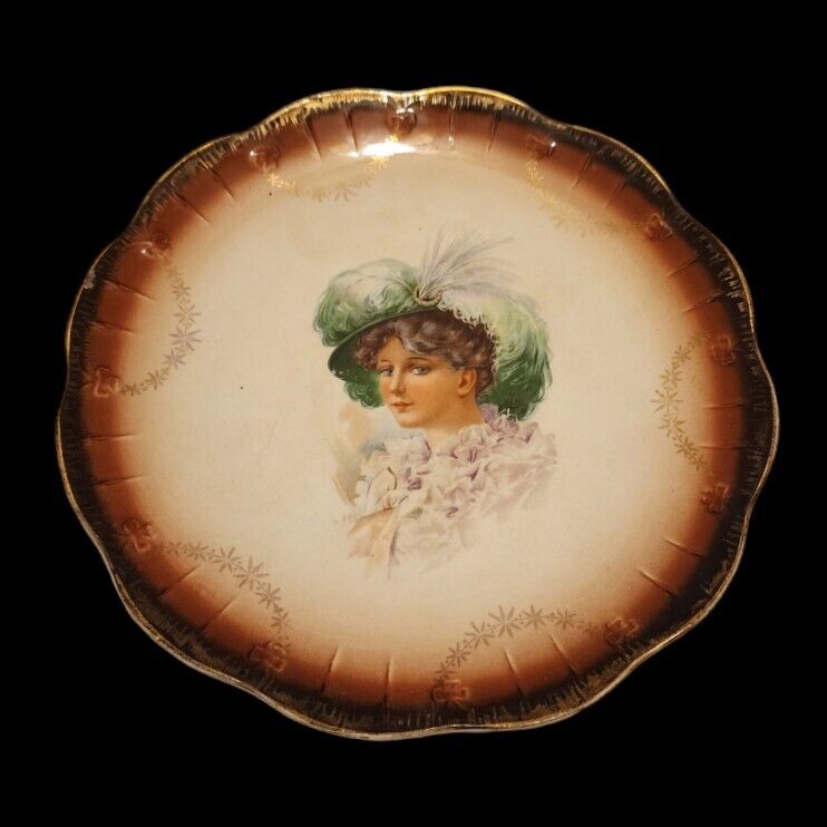 Antique 1900s Limoges France Porcelain Portrait Cabinet Plate Gold Rim 9