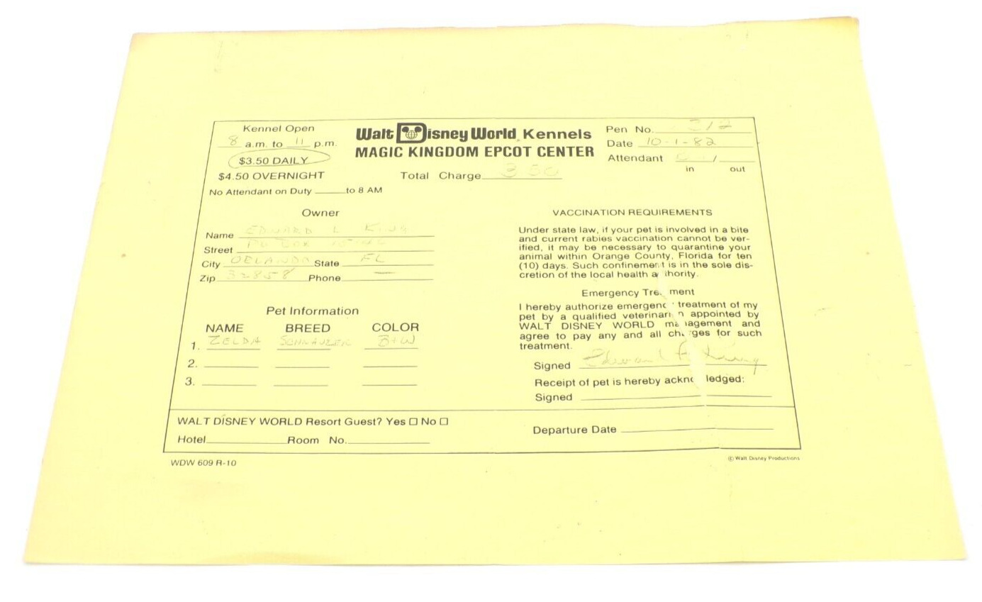 Vintage 1982 Walt Disney World Kennels Magic Kingdom Epcot Center Receipt Sheet