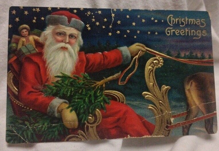 Santa Claus Christmas Postcard Saint Nick In Sleigh Embossed 