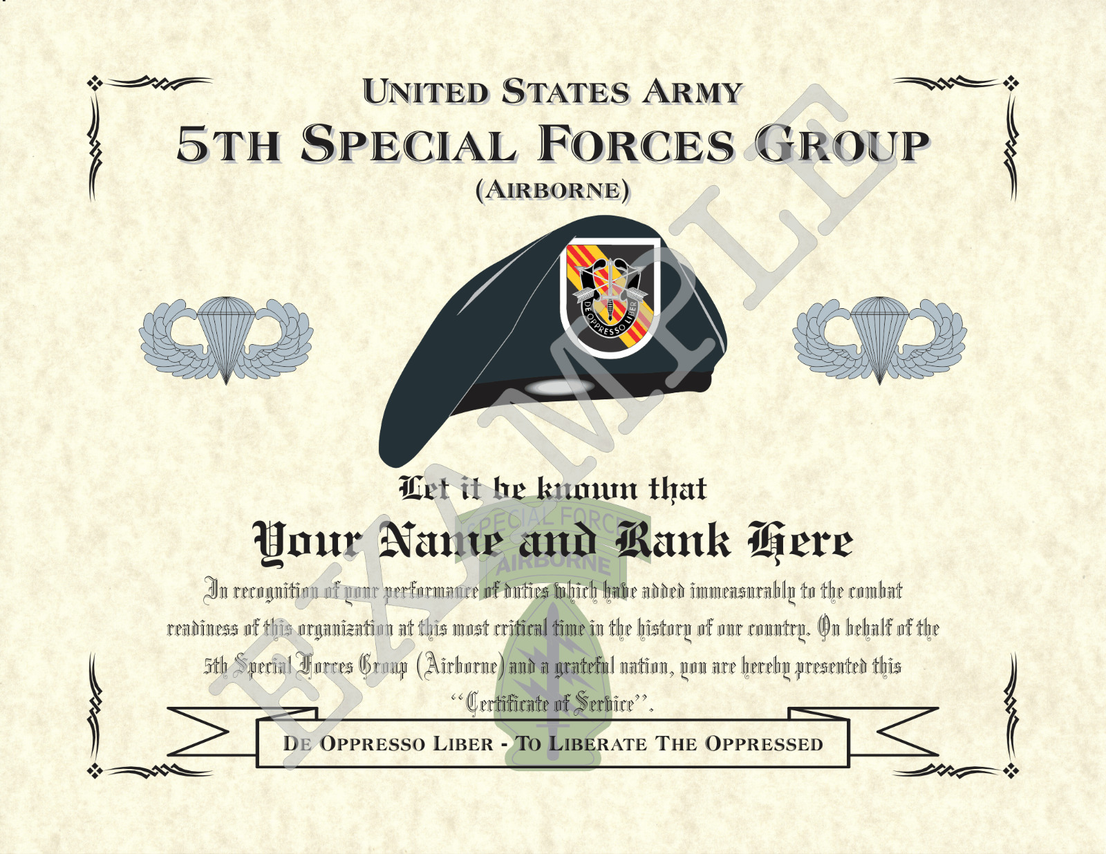 5th Special Forces Group (A) Personalized Art Print 8.5 x 11 (BADGE/BLK VIET)
